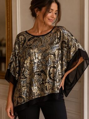 Ellen Tracy Sequin Paisley Poncho Blouse | Gold & Silver Embellished Sheer Top |